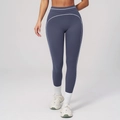 High-waisted yoga leggings in dusty blue with white contrast stitching for fitness - S / Bottoms / Dark Blue