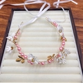Pink pearl flower headband with gold leaves and white ribbons for girls and brides - Small Daisy Wreath-Pink