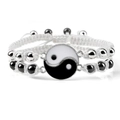 Adjustable white woven bracelet with Yin Yang charm and metallic beads in variant style - Tai Chi White Pair