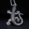 Macro shot of silver lizard pendant with intricate scale textures on a black background - A-645
