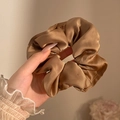 Grote champagne satijnen scrunchie haarelastiek in de hand bij zacht daglicht - 5# Lichtbruin