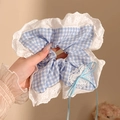 Blauw-witte ruitjes scrunchie met kanten rand en hartvormige haaraccessoire - #1 Zeezoutblauwe Vierkante Haarband - 23 Cm