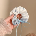 Bloemen kanten scrunchie met blauwe konijnenprint en strik haaraccessoire - 1# Blauw Geruit Patchwork Haarelastiekje Met Kittenprint - 12 Cm