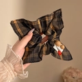 Bruine en oranje geruite scrunchie met strik en kersenvormige kraaldecoratie - 1# Koffiebruin ruitje 22cm