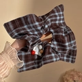Geruite scrunchie met gekleurde kralen en Happy-label in blauw-bruine stof - 2# Zwart-blauw Geblokt Patroon 22 Cm