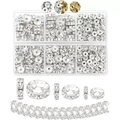 Silver rhinestone spacer beads set in clear plastic box for DIY jewelry making - 6 Slots 300 Silver Pieces