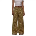 Detailed view of khaki high-waisted wide-leg denim pants featuring white polka dots - Khaki