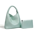 Handwoven mint green leather tote bag set with matching inner zipper pouch - Holographic Green