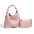 Pink hand-woven tote bag with matching smooth pouch, set of two large shoulder bags - Aurora Pearl Pink