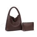 Dark brown woven leather shoulder bag set with a matching internal zipper pouch - Dark Brown