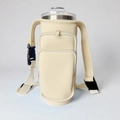 Cream neoprene water bottle carrier for 40oz tumblers with dual zipper pockets - Apricot - With Interlocking Strap (including Shoulder Strap)