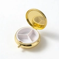 Portable round golden metal pill box with three-compartment organizer and built-in mirror - Gold Round 3 Compartments Base