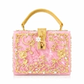 Exquisite pink acrylic clutch with intricate golden hollow carvings and crystal inlay - Pink