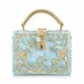 Detail of blue marble acrylic clutch with gold filigree and crystal embellishments - Sky Blue