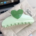 Light green large hair claw clip with dark green heart design on quilted fabric - 13cm / Matcha Green