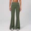 Olive green high-waisted yoga pants with white piping and flared leg silhouette - Smoke Moss Green