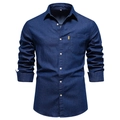Camisa vaquera de manga larga para hombre en azul oscuro, corte ajustado con bolsillo - S / Azul marino