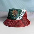 Mexican flag colors bucket hat with Mexico eagle crest and Aztec print design - Mexico Theme Style 8