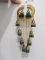 Detail of vintage bohemian Jhumka earrings with gold tassels and green beads - Gold with Peacock Blue (EA116)