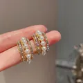 Elegant gold plated multi-layer hoop earrings with white pearls and sparkling rhinestones - 38# Silver Needle - Gold