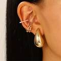 Golden drop earring set with chain ear cuff and white bead accents on model - Copper / Faux Pearl / Pearl and Chain 3-Piece Set / KC Gold / Pearl