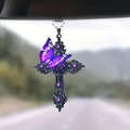 Gothic black cross car pendant with purple crystals and butterfly on a metal chain - Gothic Cross Purple Butterfly (7)