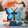 Blue acrylic butterfly pendant with faith cross detail and golden hanging string - Blue Floral Faith Cross (8)