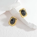 Geometric square gold earrings with oval black stone set on white textured stone - Retro Gold Frame Black Stone Style