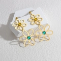 Double-layered hollow flower earrings in gold with yellow and cyan gemstone accents - Yellow and Green Stone Flower Style (E745-A)