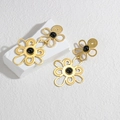 Vintage hollow flower drop earrings in gold with black beads and double floral layers - Black Gemstone Style (E745-B)
