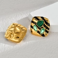 Square geometric earrings with gold hammered finish and green malachite stone inlay - Green