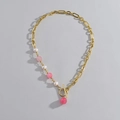 Collier vintage français en acier inoxydable plaqué or 14K avec perles et cristaux - Perle Épissée d'Or (Quartz Rose)