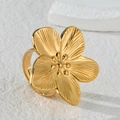 Adjustable golden flower ring with intricate radial texture and five-petal design - Open Radial Brushed Large Flower Ring (R772)