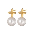 Detail of gold four-petal flower earrings with elegant white pearls on white background - Pointed Four-Petal Flower Pearl Style (E833-D)