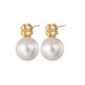 Elegant gold four-leaf clover stud earrings with large white hanging pearls - 3D Clover Pearl Style (E833-A)