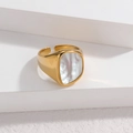 Minimalist 18K gold plated stainless steel open ring featuring a white rectangle shell inlay - Mother Of Pearl / Adjustable / White