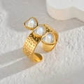 Gold plated open heart ring with textured hammer finish and iridescent gemstones - Adjustable Open / Heart Style / Gold