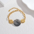Golden chunky chain bracelet with marble stone and engraved sun disks jewelry - Grey Marble Style (B1072-hei)
