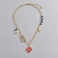 Französische Vintage-Titanstahlkette mit rotem Emailletropfen und Perlen - Roter Emaille-Stern-Stil