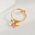18k gold-plated stainless steel open ring with star, moon charms and colorful beads - Star Moon Dangle Multi-color Bead Style (R789-cai)