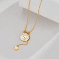 Elegant 18k gold circular pendant necklace with white shell inlay and star charms - Gold-White