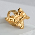 Minimalist gold heart stud earrings with irregular lava texture and open adjustable band - Wrinkled Open Ring (R753)