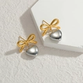 18K gold-plated bowknot and silver heart drop stud earrings on a geometric stand - Gold Bow Silver Heart Stud Earrings