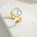 Square aurora gemstone ring in gold finish on white stone, minimalist adjustable jewelry - White