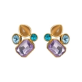 Vintage gold earrings featuring large purple zircon and colorful mixed gemstone accents - Earrings