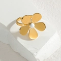 Anillo abierto de acero inoxidable oro 18K con flor de cinco pétalos y perla blanca - Estilo Abierto de Flor / Dorado