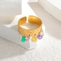 18K gold stainless steel hammered open ring with five colorful hanging zircon crystals - Octagon Zirconia Pendant / Colorful