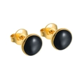 French retro gold stud earrings with black enamel inlay and S.STEEL engraved detail - Large Black Round Style (S-E933大黑)