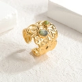 Vintage style wide open turquoise ring with gold plated hammer textured metal surface - Turquoise Style / Green