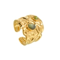 Anello regolabile in acciaio dorato con due pietre di turchese verde in stile vintage - Anello Aperto Con Due Pietre Verdi E Texture (R811-lv)